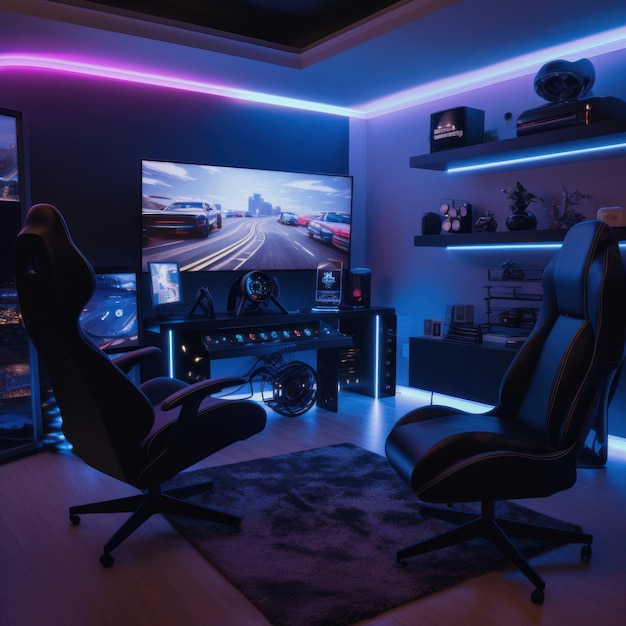 A gaming room with a computer monitor and a gaming chair.