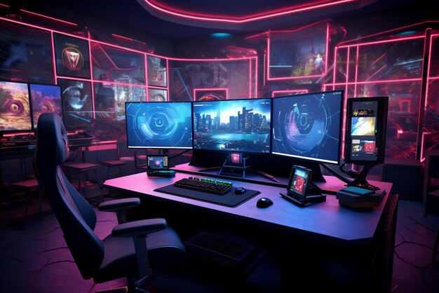 Gaming room with computer and wide monitor screen colorful neon lights setup for esports