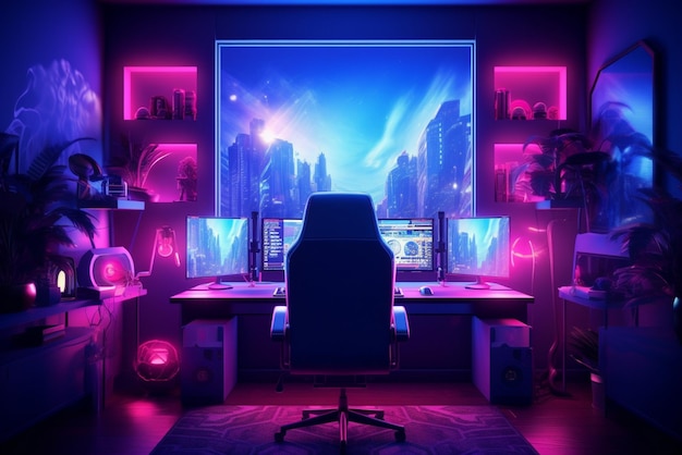 Premium AI Image | Gaming room with computer and wide monitor screen ...
