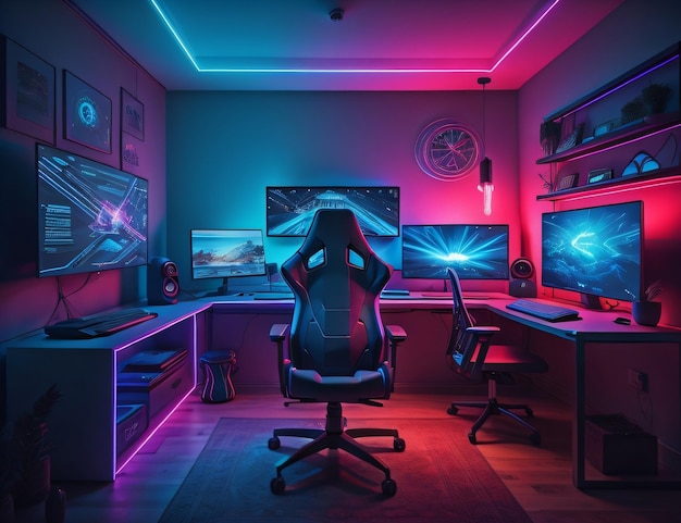 A gaming room with a pink and blue lit up monitor and a gaming chair.