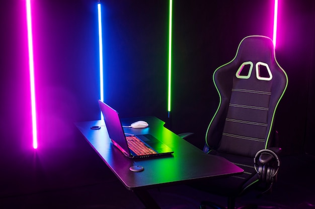 Photo gaming setup with neon lights still life