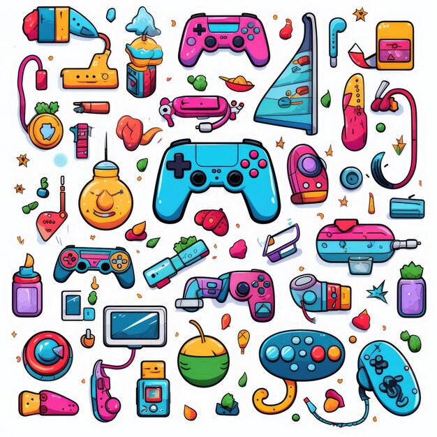 Gaming supplies colorful set of doodles on white background Generative AI