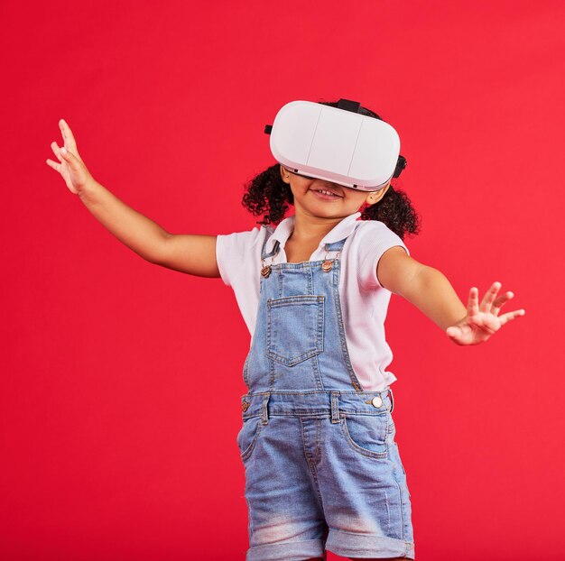 Gaming virtual reality and wow with girl and glasses for digital transformation video games and innovation happy cyber and augmented reality with child and vr headset for technology future or 3d