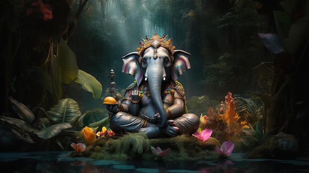 Photo ganesh deity meditating in the forest illustration generative ai