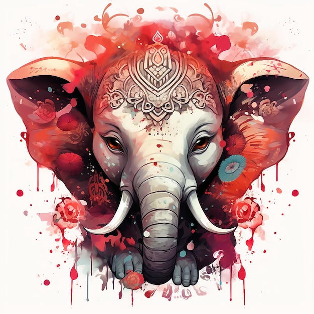 Ganesh Indian Elephant God A Detailed Illustration in Red with Magic Splash and Dark Vibes