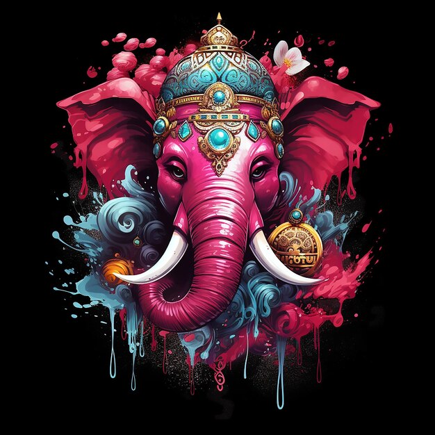 Ganesh Indian Elephant God A Detailed Illustration in Red with Magic Splash and Dark Vibes