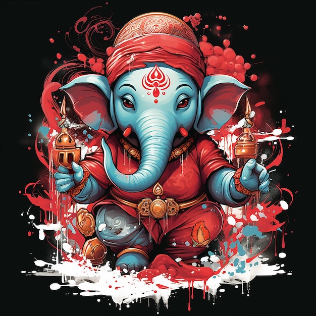 インドのゾウ神ガネシュ 魔法のスプラッシュと暗い囲気の赤い色の詳細なイラスト