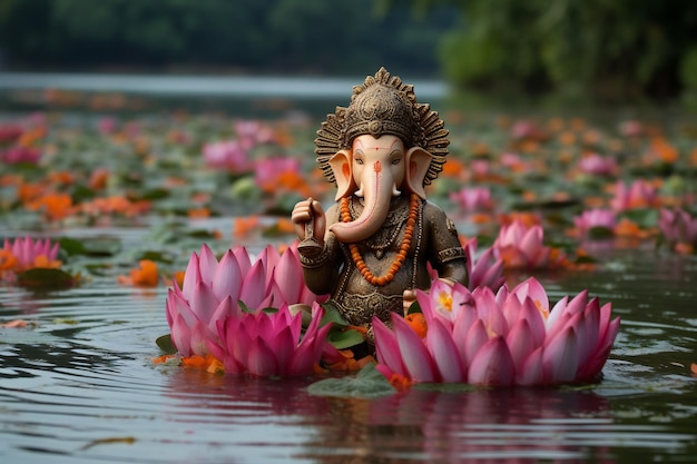 Ganesha Deity Sculpture by the Lotus Lake