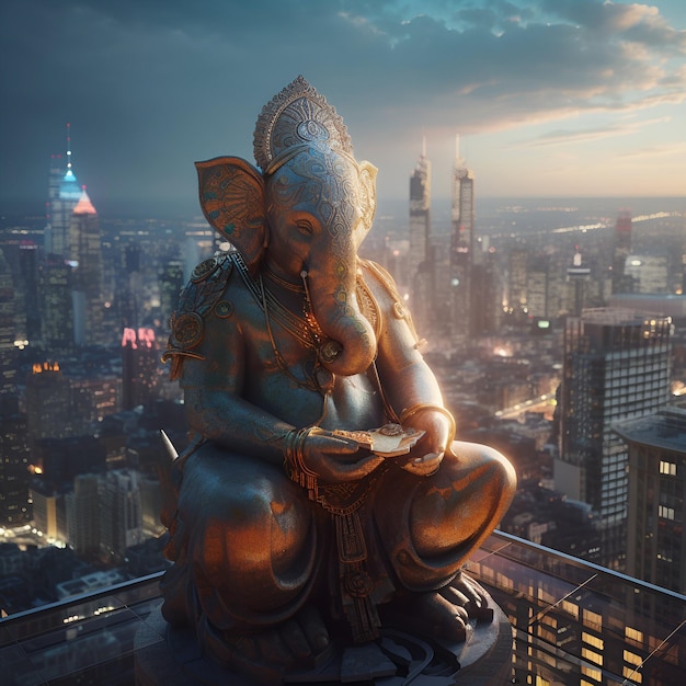 Ganesha god standbeeld op een achtergrond van futuristische stad AI gegenereerde inhoud