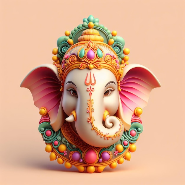 GANESHA HOOF 3D MODEL GUDI PADWA Kleurrijke GANESHA HOOF in eenvoudige achtergrond