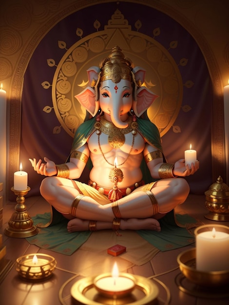 Ганеша Иллюстрация красочного индуистского лорда Ганеши на декоративном фоне