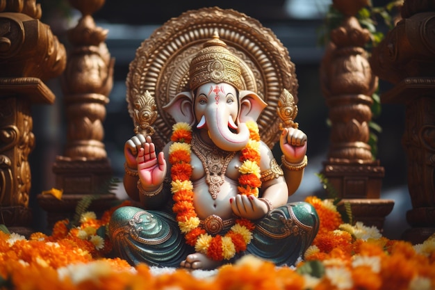Ganesha sitting in meditating yoga pose in front of hindu temple Decorated for religious festival by orange flowers garland ceremonial offering Balinese travel background