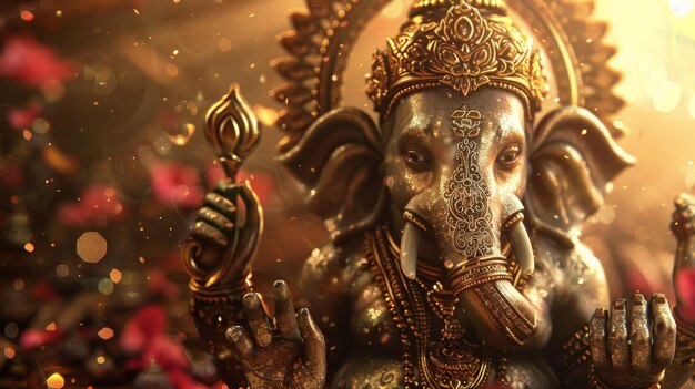 Ganesha standbeeld met juwelen in een warme sfeer