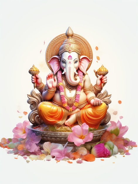 Ganesha statue with flowers and petals on white background