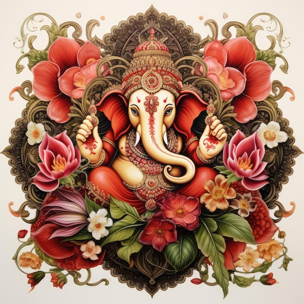 Ганеша с цветочным орнаментом Happy Ganesh Chaturthi