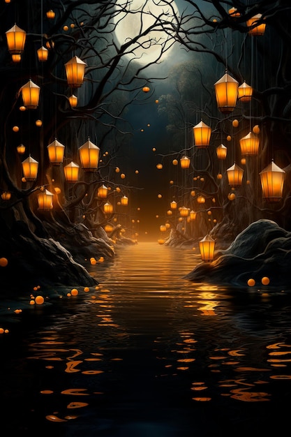 gang achtergrondafbeelding met enkele lantaarns vooraan naturalistische landschappen achtergronden halloween