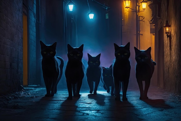 Gang of black cats walking on dark alley at night ai generative