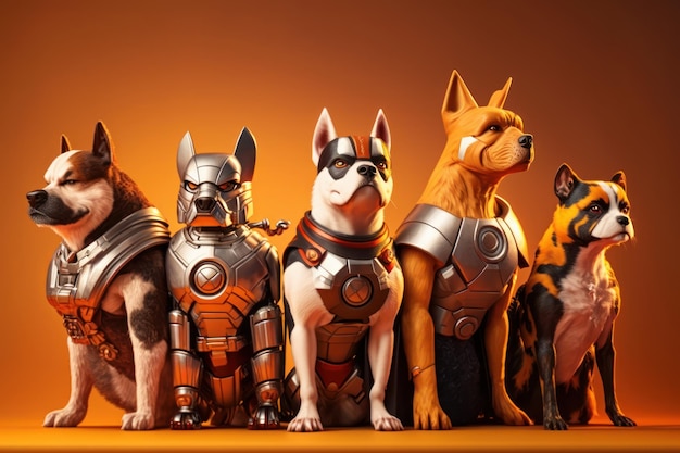 Gang of dog as superheroes with cape on orange background Created Generative Ai