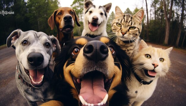Foto banda di cani e gatti che fanno un selfie