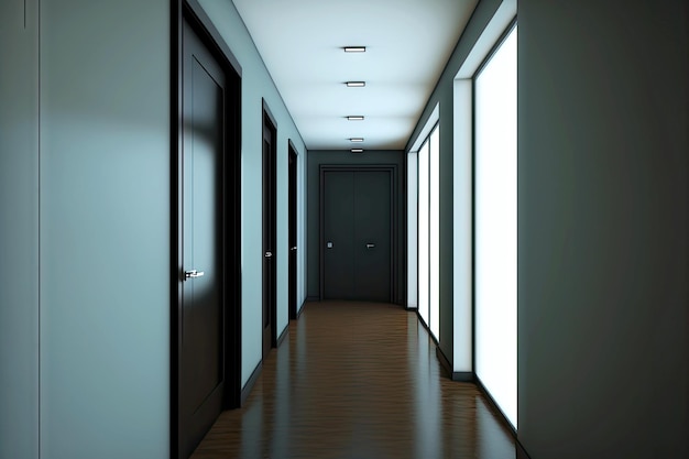 Gang in modern licht interieur met donkere deuren in leeg kantoor e