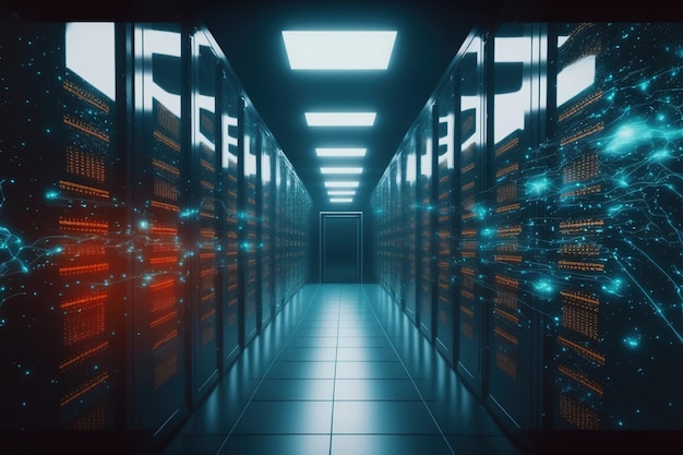 Gang van datacenter met rekken van servercomputer voor cloud computing-gegevens