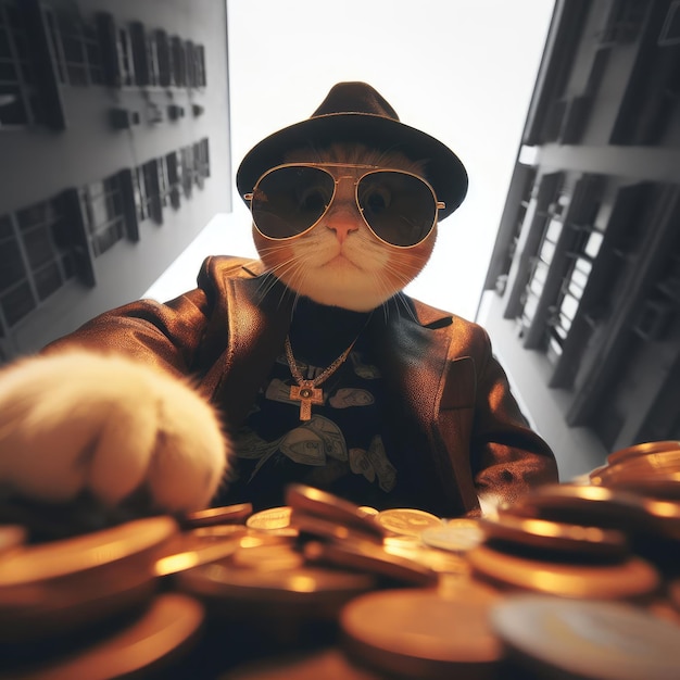 Photo gangster cat playing in casino background with coins