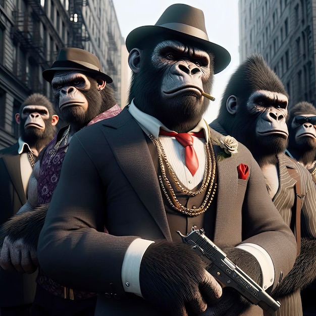 Gangster Mafia Gorilla Monkey Chimpanzee Gangwar guns streets wearing chains suits businessman angry