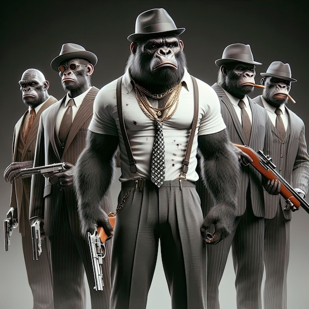 Foto gangster mafia gorilla scimmia scimpanzé gangwar armi strade indossando catene abiti uomo d'affari arrabbiato