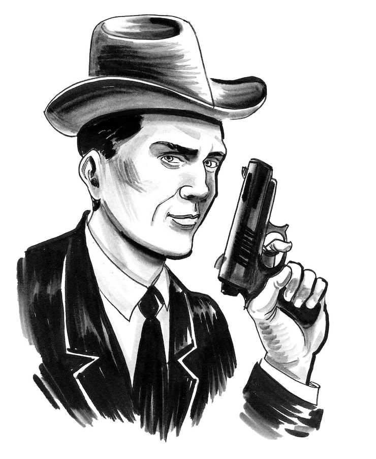 Foto gangster met een pistool inkt zwart-wit tekening