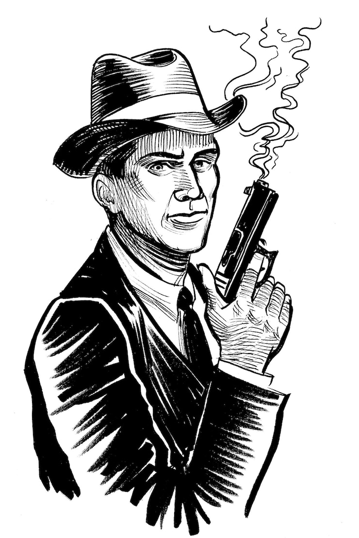 Foto gangster met een rokend pistool inkt zwart-wit tekening