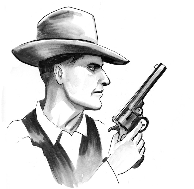 Gangster with a revolver gun. Ink black and white drawing