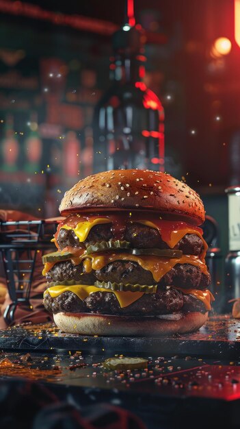 Gangsters cheat day genieten van massieve burger humeurige achtergrondverlichting grimmige textuur super realistisch