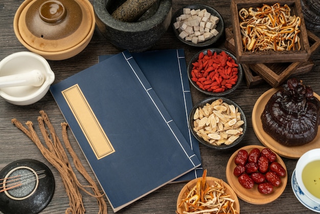 Ganoderma lucidum and traditional Chinese medicine on the table