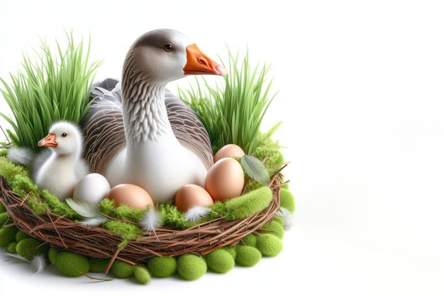 gans met eieren in een nest op het gras op een witte achtergrond