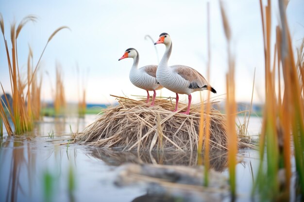 Gansjes nestelen in riet met ouders die op hun hoede staan