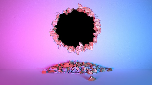 Gap in a brick wall covered with plaster in the form of a circle in neon lighting, 3d illustration