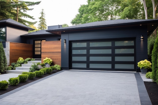 Garage door with a driveway in front