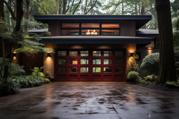 Photo garage door with a driveway in front