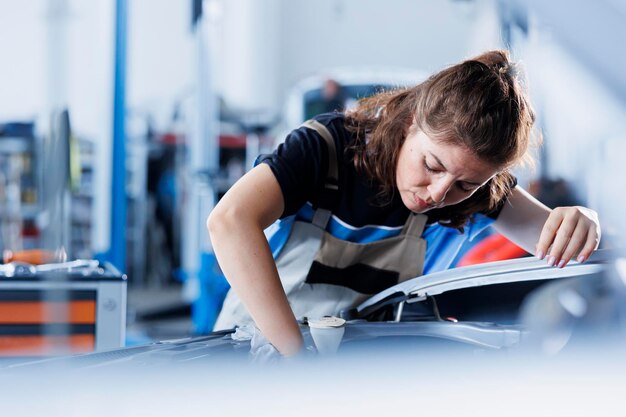 Garage engineer replaces vehicle oil