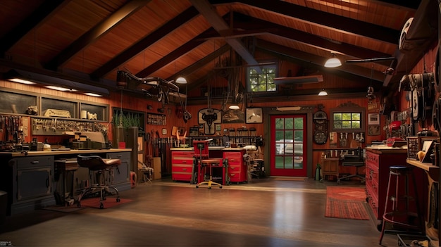 A garage with a red rug and a red stool that says'garage'on it