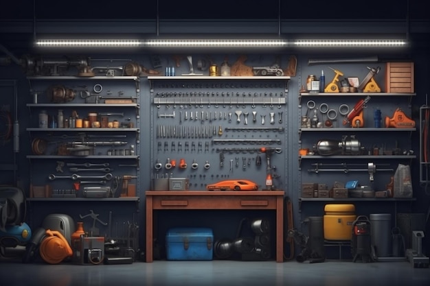 A garage with a shelf full of tools and a blue car.