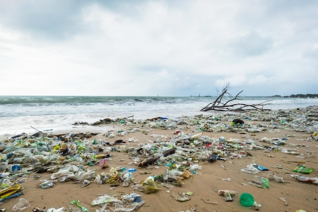 Garbage on beach environmental pollution in Bali Indonesia