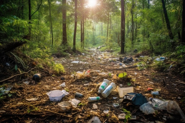 Garbage in beautiful forest destroyed nature