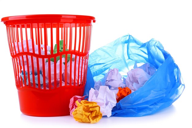 Garbage bin and plastic trash bag isolated on white