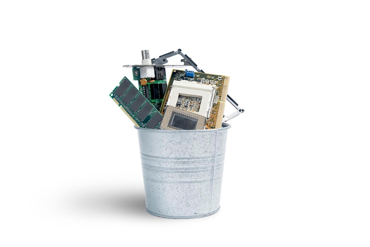 Photo garbage bin with discarded stuff isolated over white background