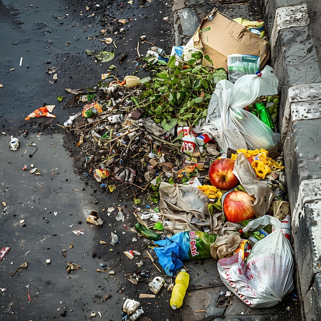 a garbage can and a box of trash on the street