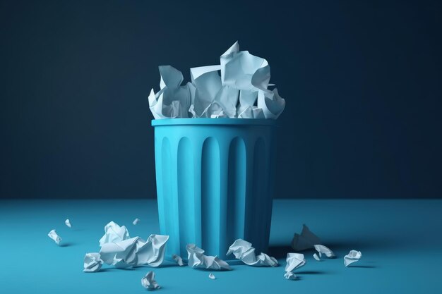 Garbage can full of crumpled paper on blue background illustration Generative AI