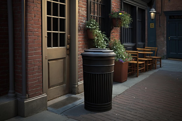 Garbage can behind restaurant large black trash bin