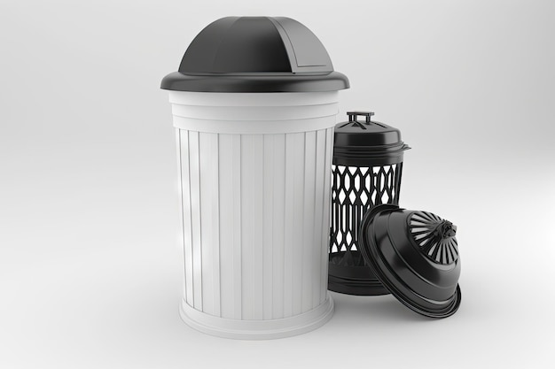 Garbage can behind restaurant trash bin with cover isolated on white background