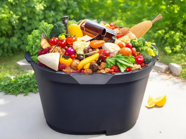 A garbage can with unused food food waste ai generated